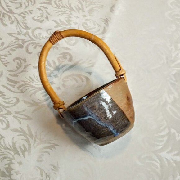 Bamboo Handle Blue & Tan Glazed Pottery Bowl - Picture 2 of 8